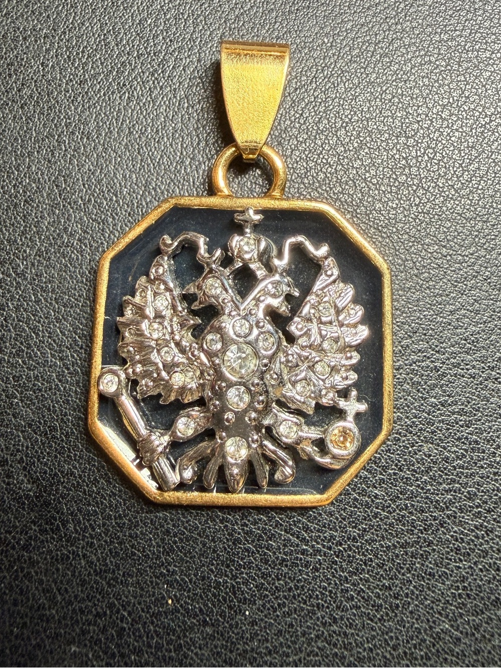 Vintage Joan Rivers Black/Gold Imperial Russian Eagle Enamel Pendant